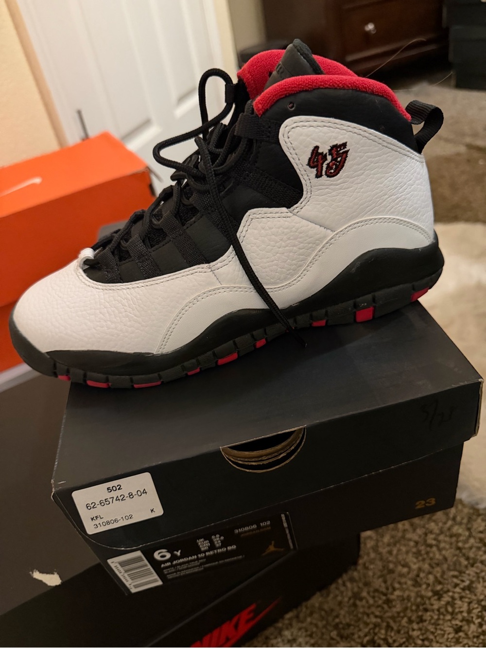 Jordan High-Top Basketball Sneakers in White/Black/Red